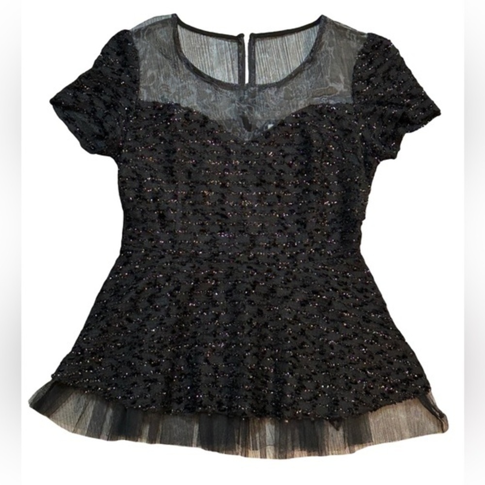 Ultra Pink Gorgeous Black Shiny Sparkle Sheer Mesh Lace Peplum Blouse